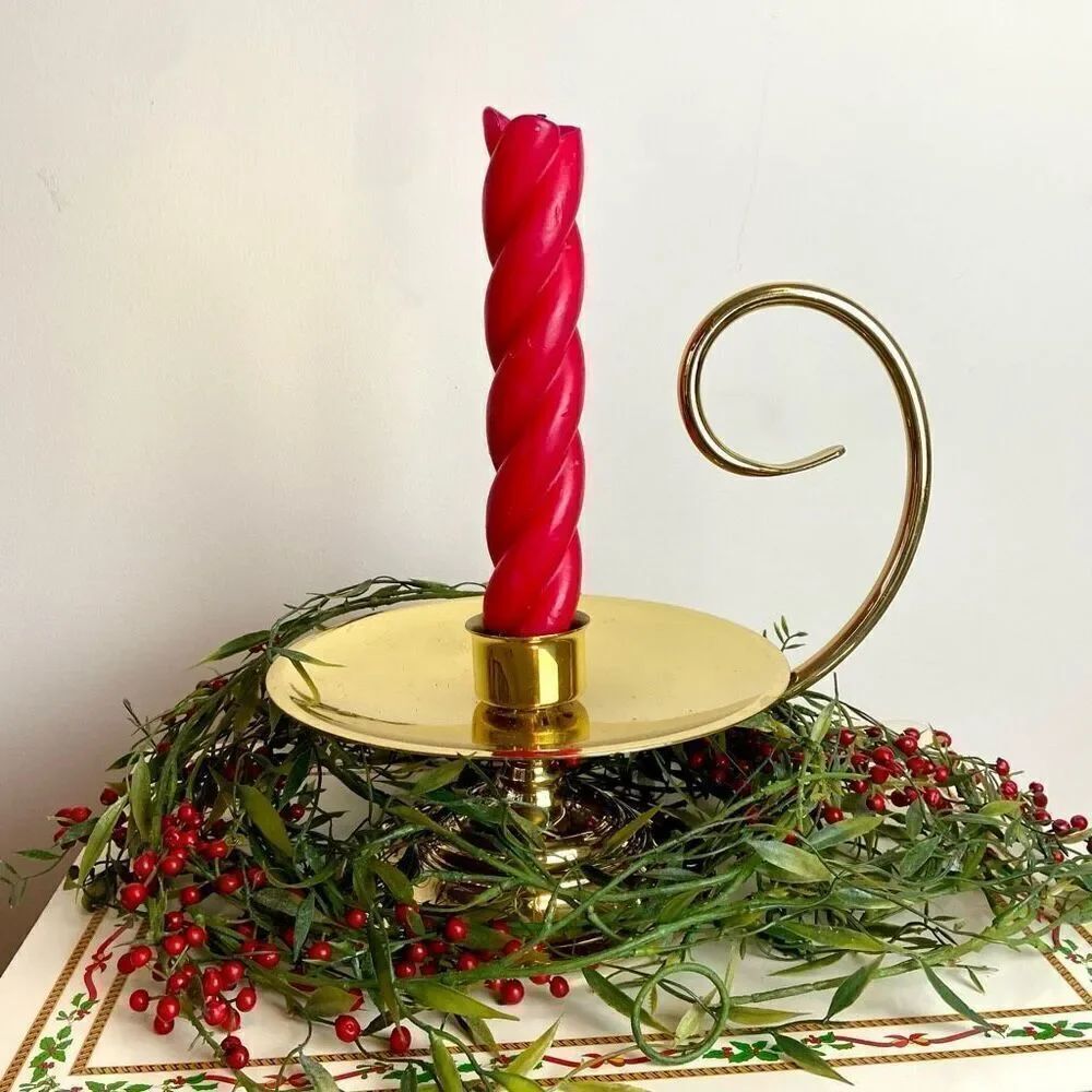 VTG Baldwin Solid Brass Chamber Candleholder + Vintage Twisted Red Candles